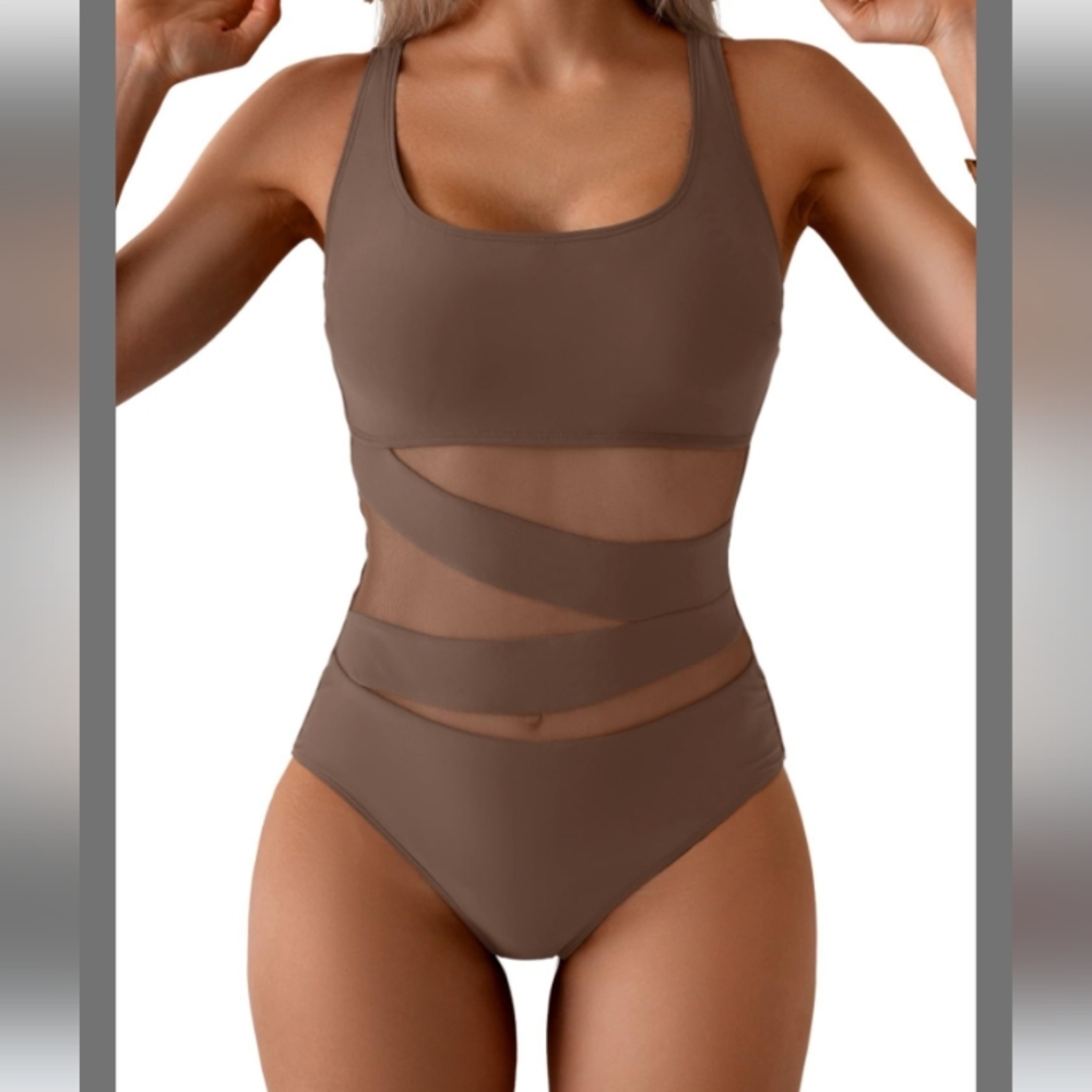B2prity NWT Sz L Brown Bathing Suit Sheer Panels In Waist